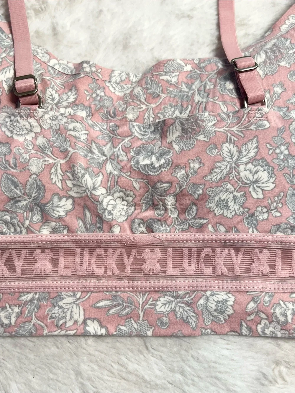 Lucky Brand Pink & Gray Floral Logo Band Bralette Size Medium Wireless Comfort
